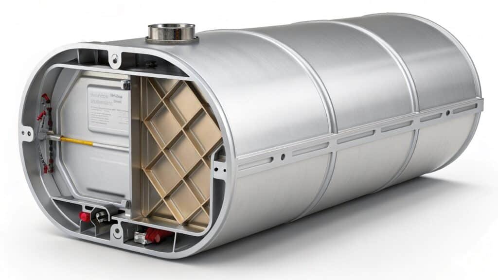 alt with keywords: a cutaway view of an aluminum fuel tank showing its construction and material